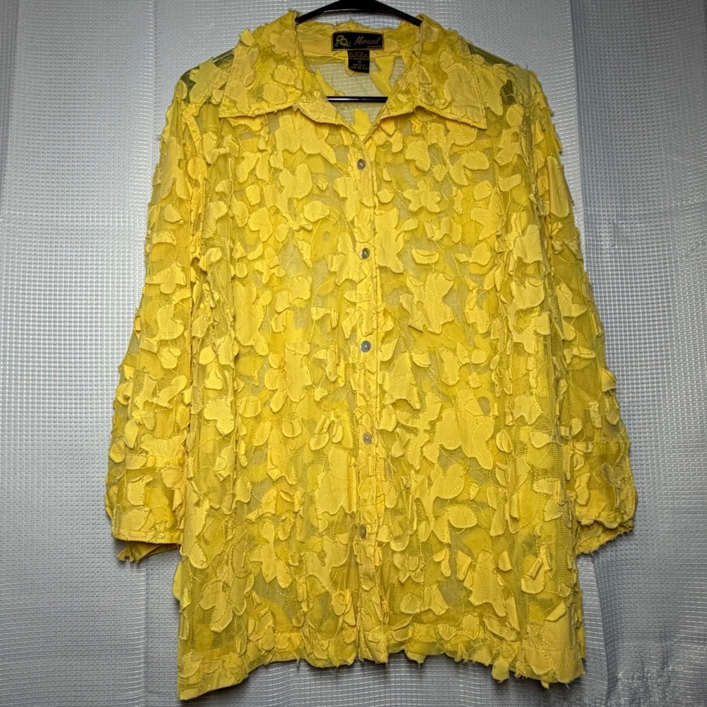 Mirasol Woman Button Down Shirt 1X Yellow Floral Applique Mesh Layering Top